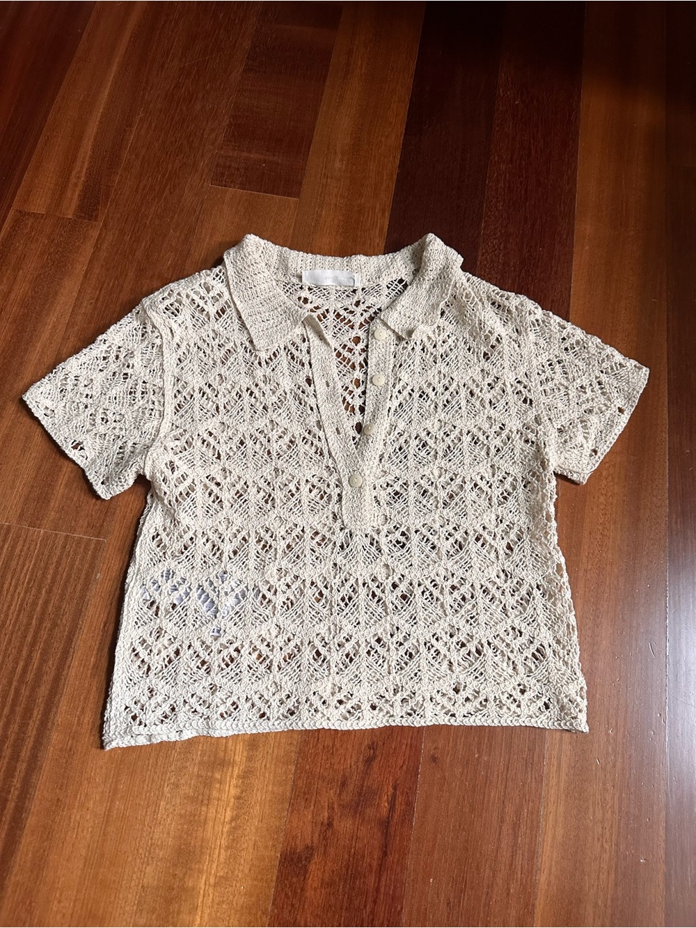 Mango Cream Crochet Polo Top with Short Sleeves